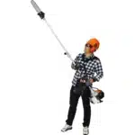 Man using 4 in 1 multi-functional trimming tool, 33CC 2-cycle garden tool system with gas pole saw - red