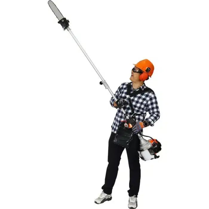 Man using 4 in 1 multi-functional trimming tool, 33CC 2-cycle garden tool system with gas pole saw - red