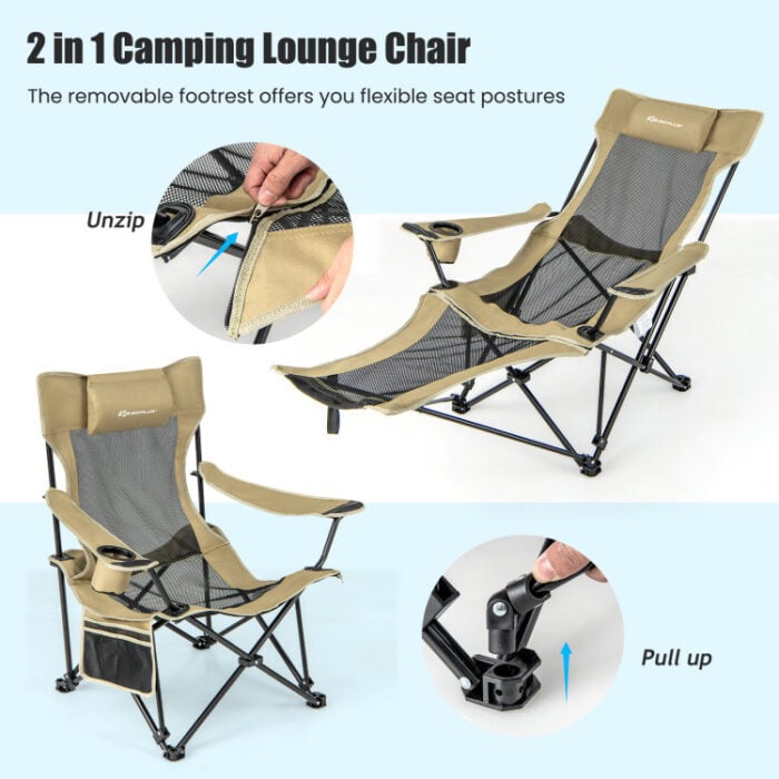 2 in 1 camping hammock chair with detachable footrest - gray & khaki