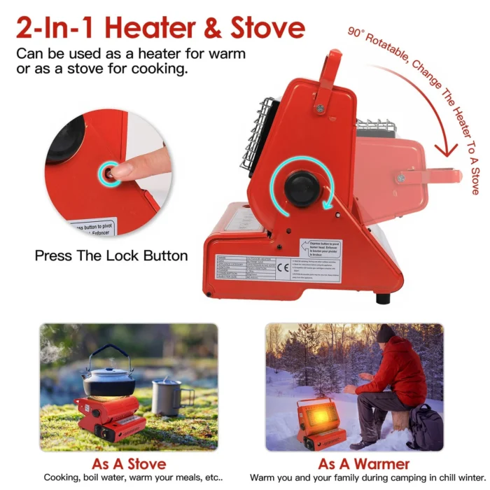 2-in-1 Butane Camping Heater & Stove w/ Stainless Grill- Usages