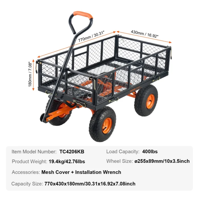 VEVOR Garden Dump Cart – 400 lbs, Tow Handle, 10″ Tires Specifications