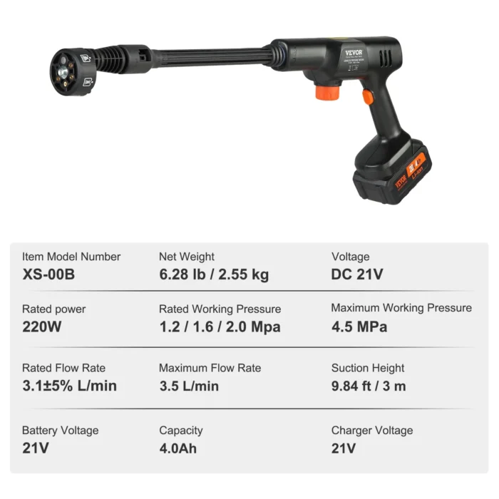 VEVOR Cordless Pressure Washer – 652 PSI, 60-Min Battery- Specifications
