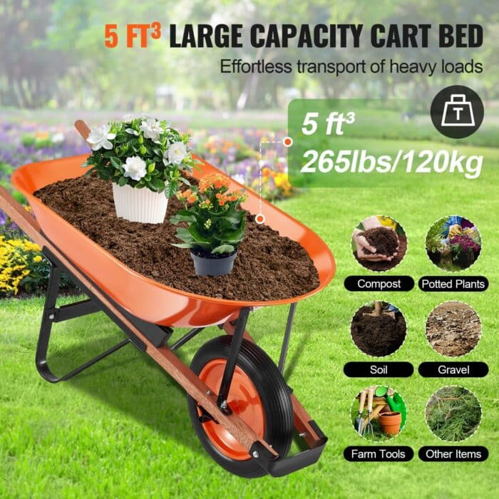 VEVOR 5 Cu. Ft. Wheelbarrow Cart 265 lbs Plastic Tub