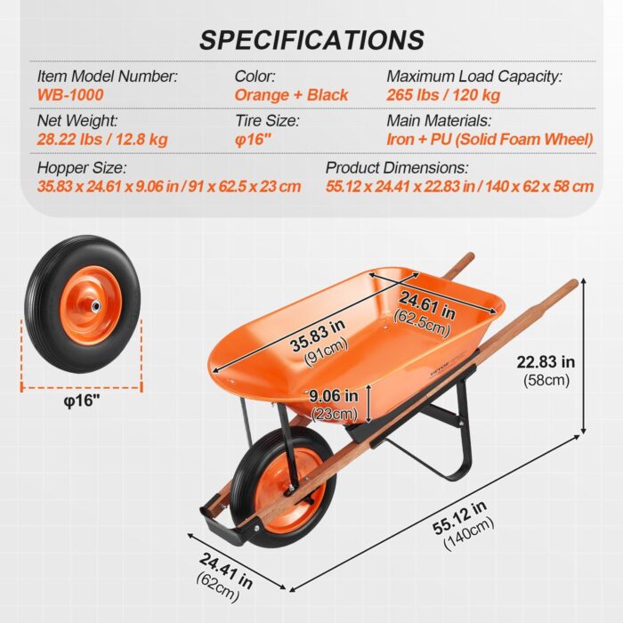 VEVOR 5 Cu. Ft. Wheelbarrow Cart 265 lbs Plastic Tub