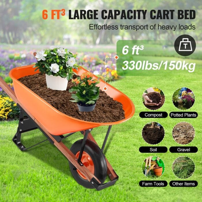 VEVOR 6 Cu. Ft. Wheelbarrow Cart 330 lbs Iron Tray