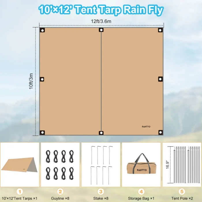 PAHTTO 12′ × 10′ Hammock Rain Fly – 210T Polyester, PU Waterproof