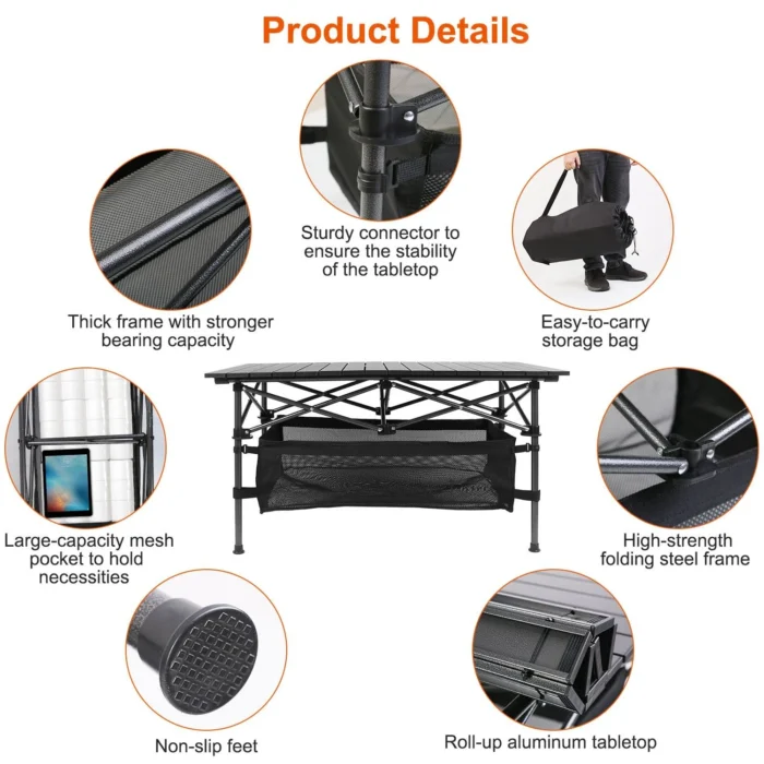 Folding Camping Table Portable Aluminum Roll-up Picnic Desk- Features