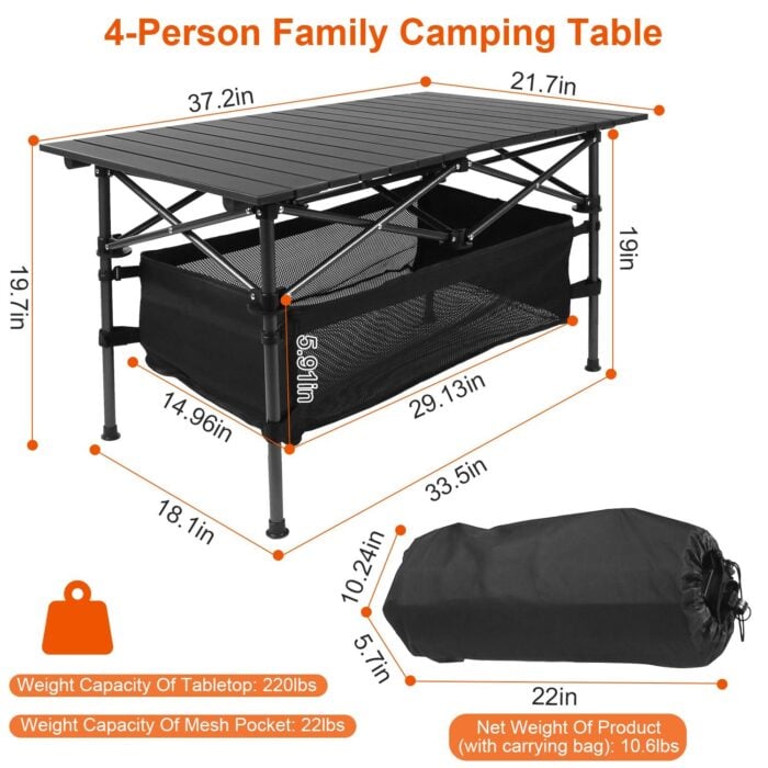 Folding Camping Table Portable Aluminum Roll-up Picnic Desk- Dimensions