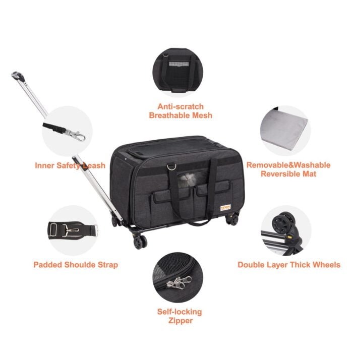 VEVOR Rolling Pet Carrier - 35 lbs Capacity, Black