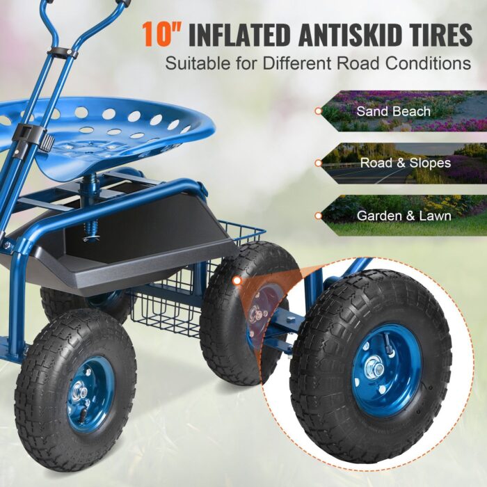 VEVOR Rolling Garden Cart Seat – 360° Swivel, Tool Tray