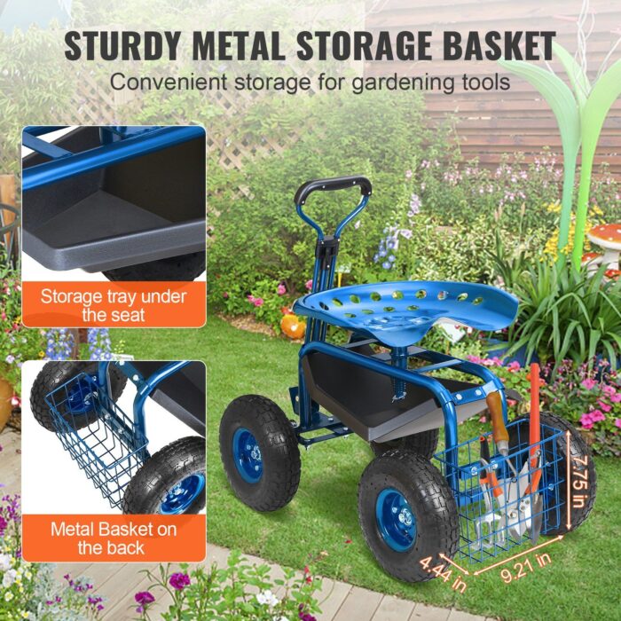 VEVOR Rolling Garden Cart Seat – 360° Swivel, Tool Tray