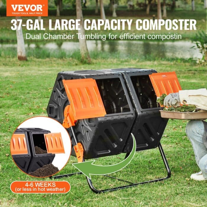 VEVOR 37-Gal Dual Compost Tumbler – BPA-Free, Steel Frame