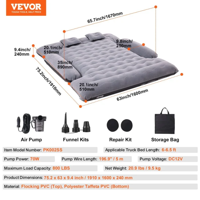 VEVOR Truck Bed Air Mattress 6-6.5 ft Full Size Beds- Specifications