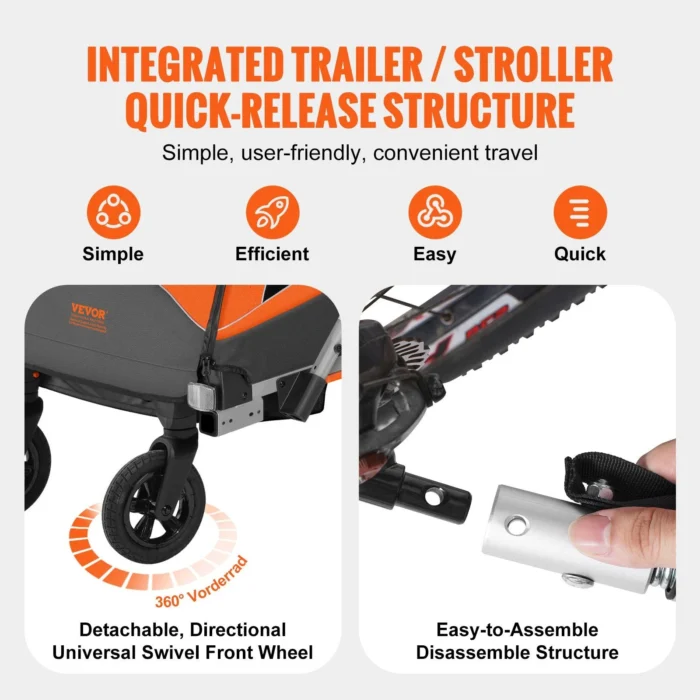 VEVOR 2-In-1 Double Seat Bike Trailer & Stroller – 100 lbs Load- Release structure