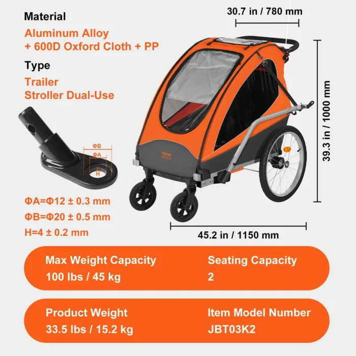 VEVOR 2-In-1 Double Seat Bike Trailer & Stroller – 100 lbs Load- Specifications