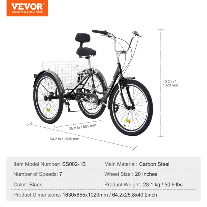 VEVOR Adult Tricycle 20" 7-Speed Carbon Steel Trike - Black