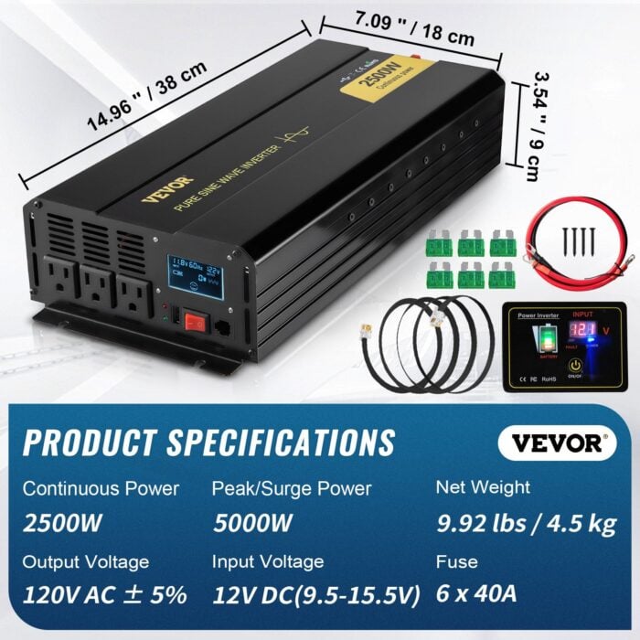 VEVOR 2500W Pure Sine Wave Inverter | 12V DC to 120V AC