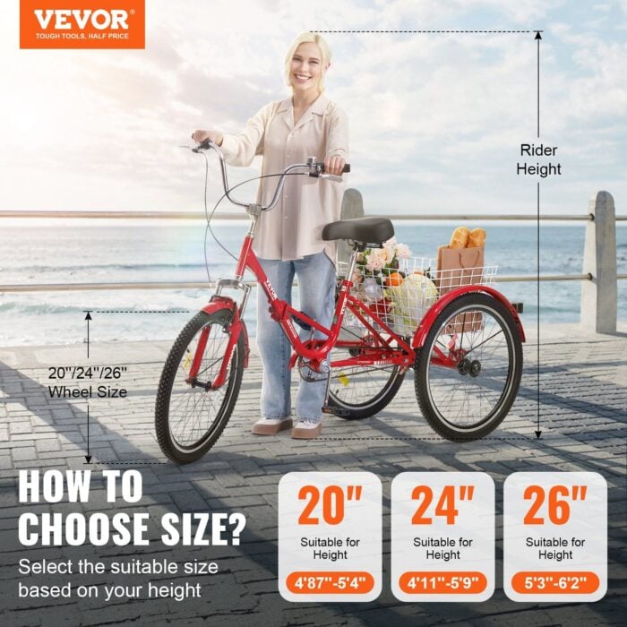 VEVOR Folding Adult Tricycle | 24" Red 3-Wheel Cruiser