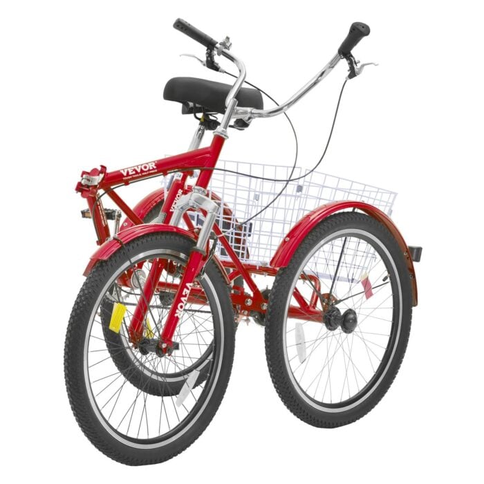 VEVOR Folding Adult Tricycle | 24" Red 3-Wheel Cruiser