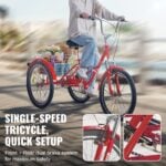 VEVOR Folding Adult Tricycle | 24" Red 3-Wheel Cruiser
