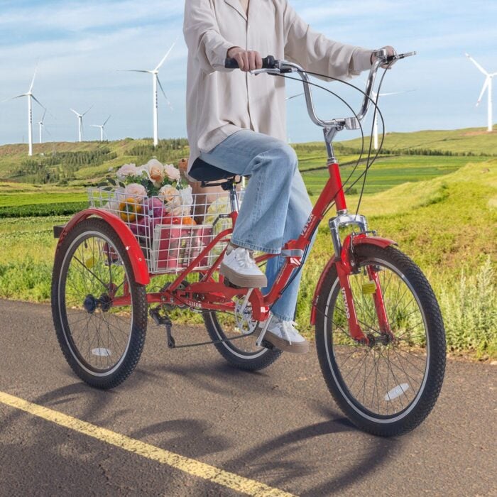 VEVOR Folding Adult Tricycle | 24" Red 3-Wheel Cruiser