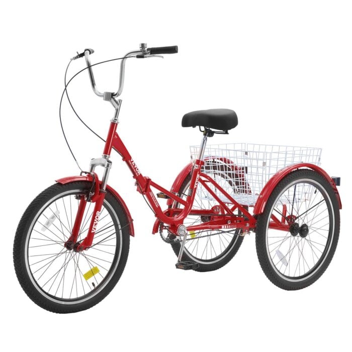 VEVOR Folding Adult Tricycle | 24" Red 3-Wheel Cruiser