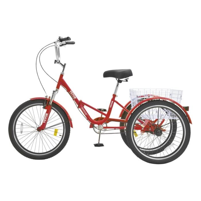 VEVOR Folding Adult Tricycle | 24" Red 3-Wheel Cruiser