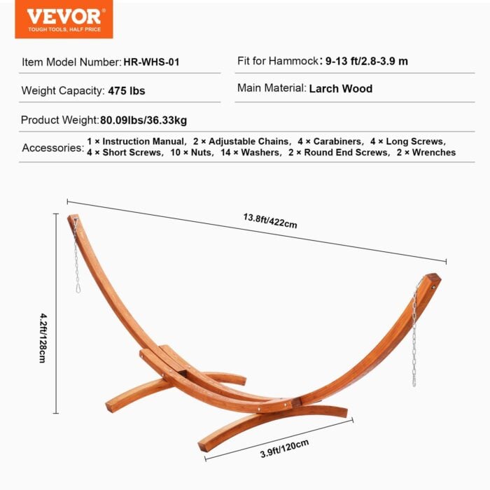 VEVOR Wooden Hammock Stand 475 lbs Capacity Fits 9-13 ft