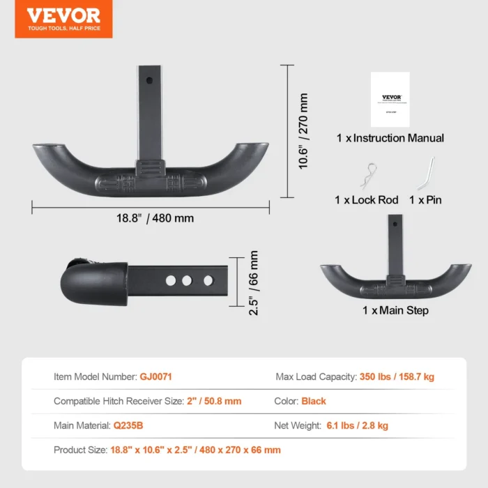 VEVOR 2″ Receiver Hitch Step | Steel Bumper Guard [Bend Tube]- Specifications