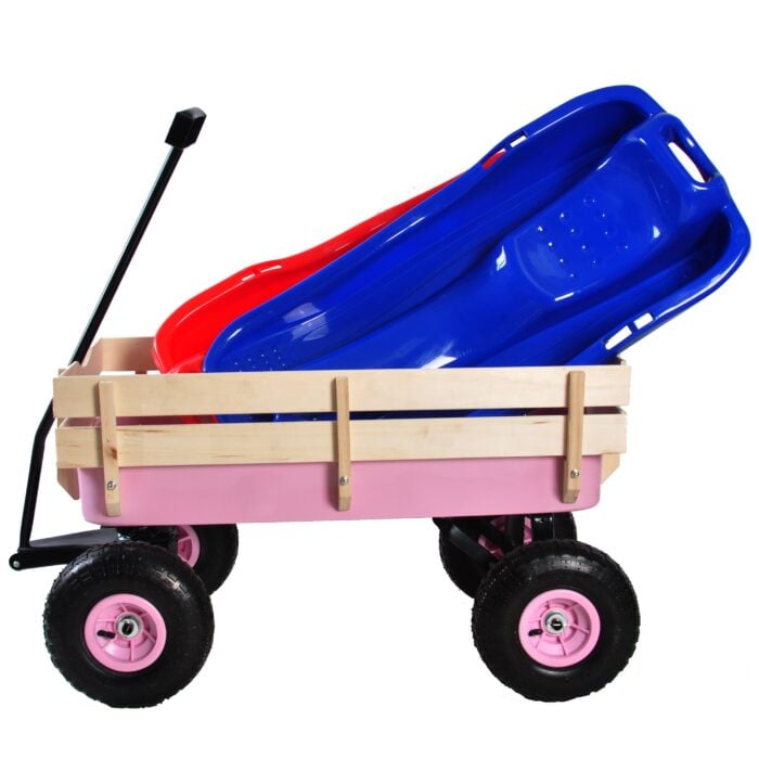 Children's Outdoor All-Terrain Pull Wagon with Wooden Railing Pink