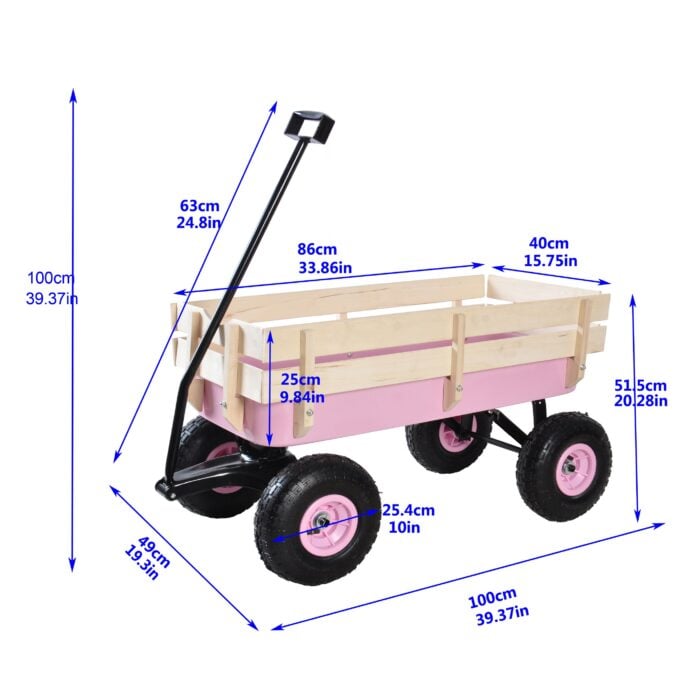Children's Outdoor All-Terrain Pull Wagon with Wooden Railing Pink