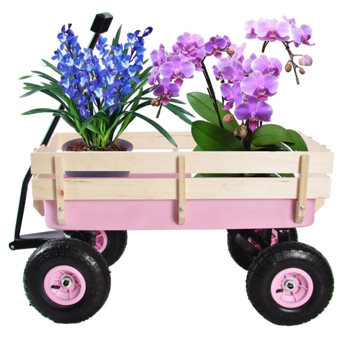 Children's Outdoor All-Terrain Pull Wagon with Wooden Railing Pink
