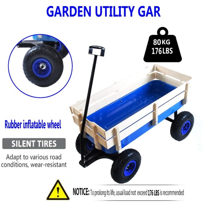Children's Outdoor All-Terrain Pull Wagon with Wooden Railing Blue