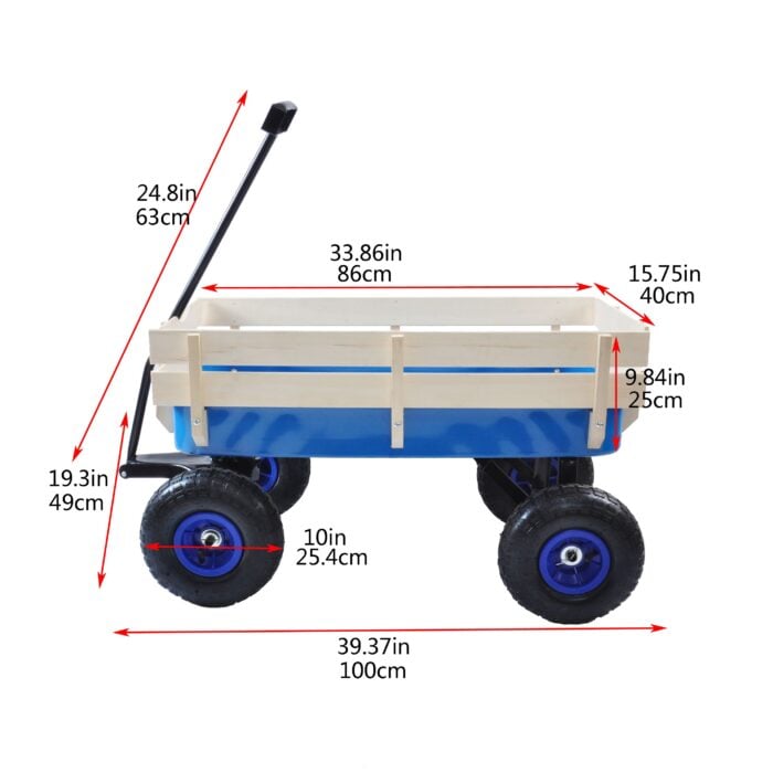 Children's Outdoor All-Terrain Pull Wagon with Wooden Railing Blue