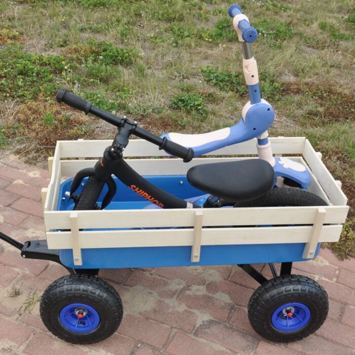 Children's Outdoor All-Terrain Pull Wagon with Wooden Railing Blue