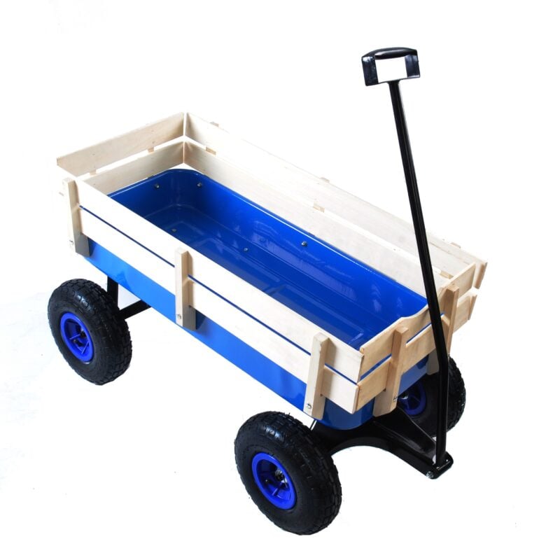 Children's Outdoor All-Terrain Pull Wagon with Wooden Railing Blue