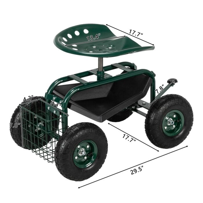 Iron Rolling Garden Work Seat - Outdoor Utility Lawn Yard Patio Cart