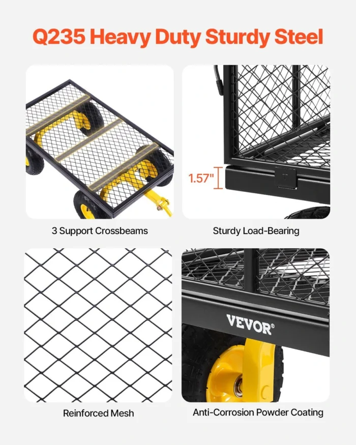 VEVOR 900 Lbs Heavy Duty Steel Garden Cart, Garden Wagon Cart on Wheels, Outdoor Metal Yard Utility Wagon Carts with 10″ Tires and Mesh Removable Sides(Convert to Flatbed) and 180°Rotating Handle- Material