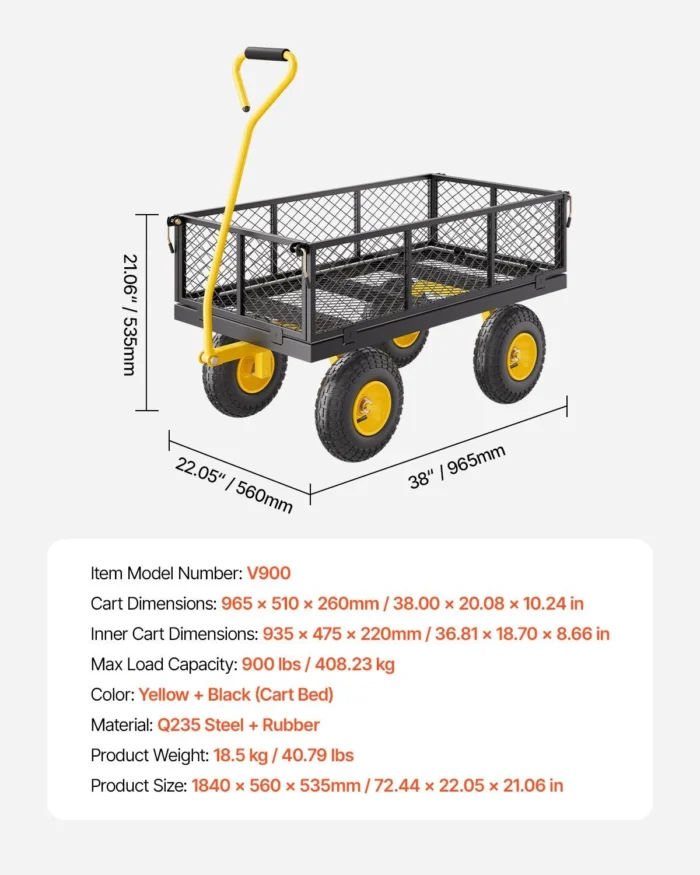 VEVOR 900 Lbs Heavy Duty Steel Garden Cart, Garden Wagon Cart on Wheels, Outdoor Metal Yard Utility Wagon Carts with 10″ Tires and Mesh Removable Sides(Convert to Flatbed) and 180°Rotating Handle- Specifications
