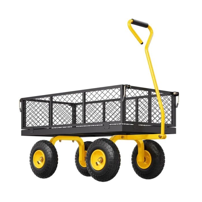 VEVOR 900 Lbs Heavy Duty Steel Garden Cart, Garden Wagon Cart on Wheels, Outdoor Metal Yard Utility Wagon Carts with 10″ Tires and Mesh Removable Sides(Convert to Flatbed) and 180°Rotating Handle