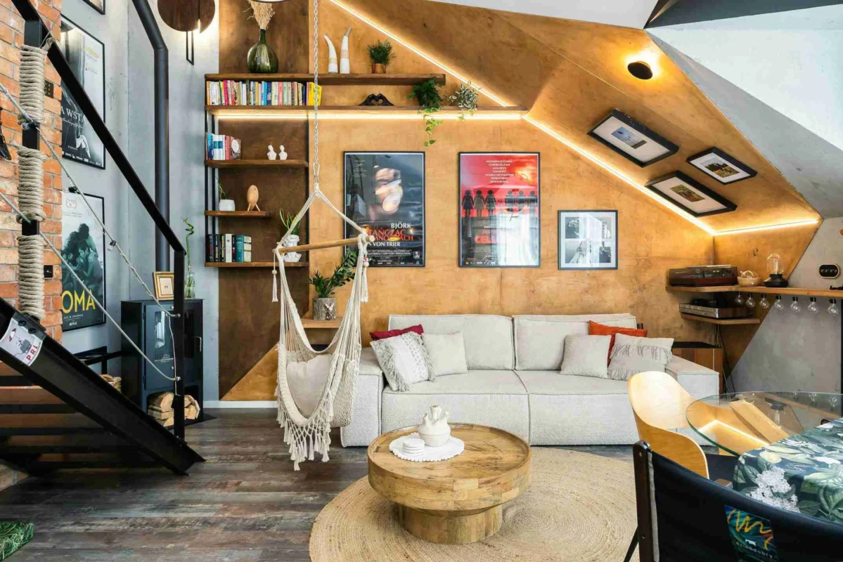 Hammock chair in the middle of a house